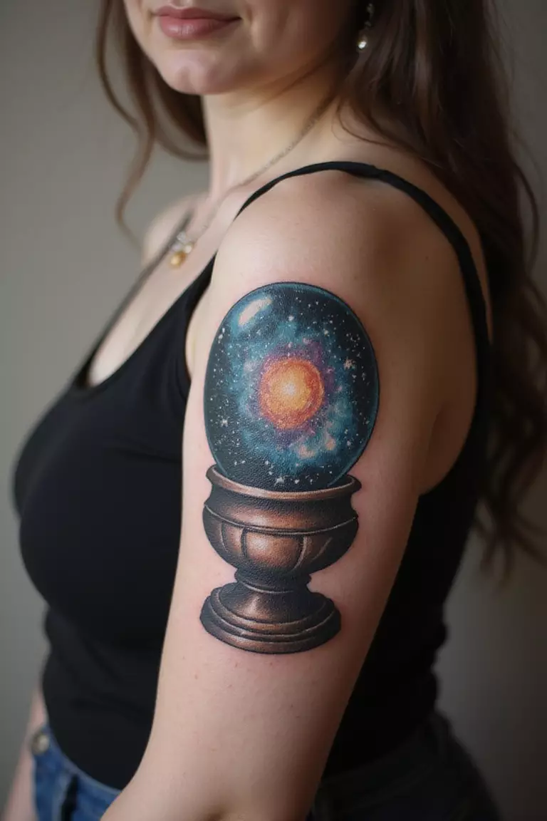 Crystal Ball Magic A close-up shot of a woman showing her black ink mystical crystal ball showing a galaxy inside tattoo design on her arm