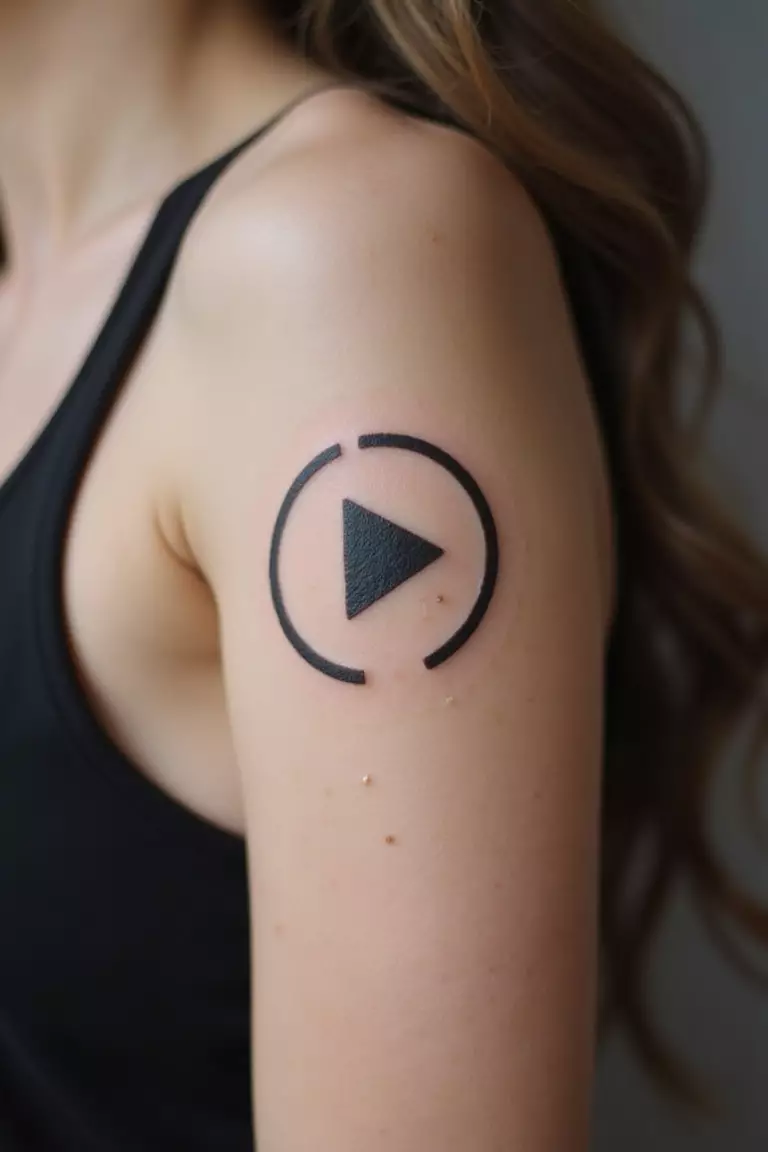 Play Button Symbol A close-up shot of a woman showing her black ink minimalist play button symbol tattoo on her arm.