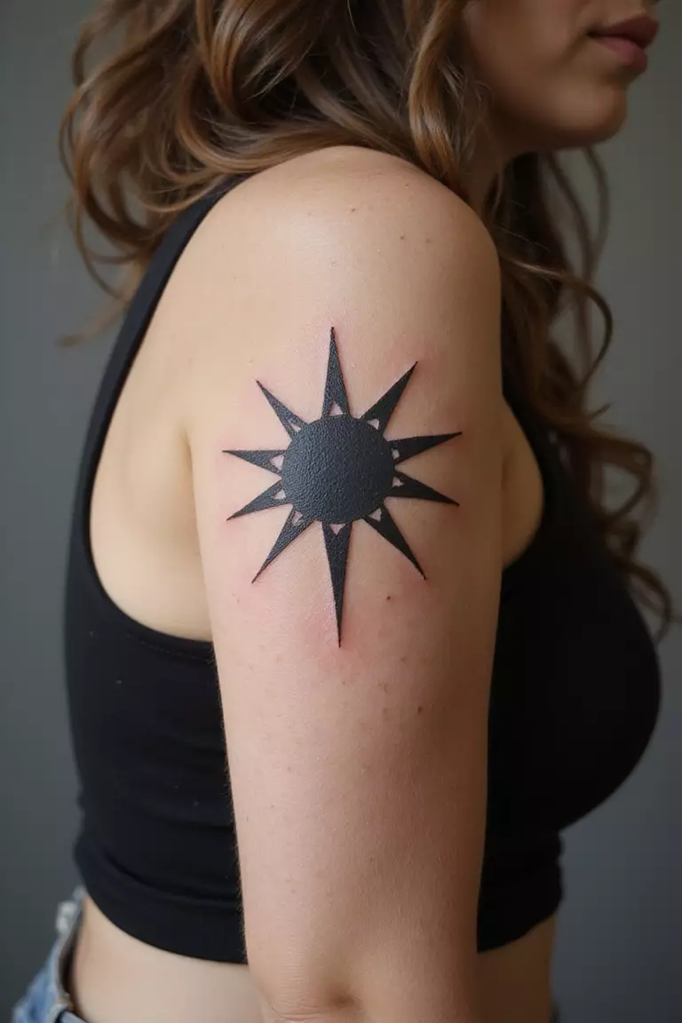 A close-up shot of a woman showing her black ink geometric sun shape tattoo design on her arm