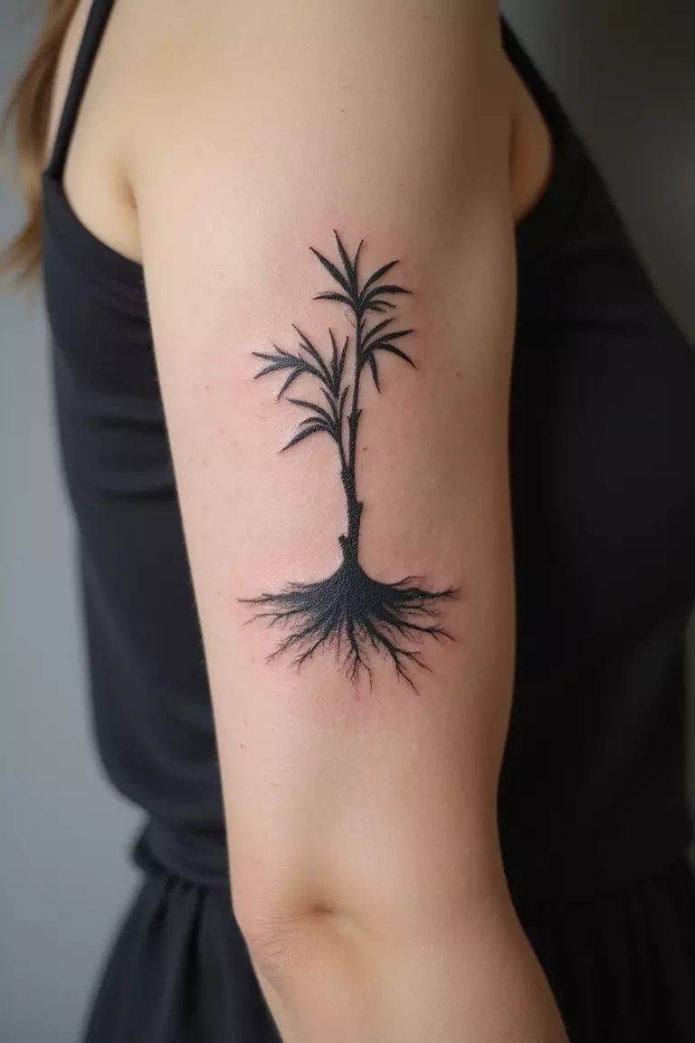 Growing Bamboo Shoots A close-up shot of a woman showing her black ink small, new bamboo shoots emerging from the ground tattoo design on her arm