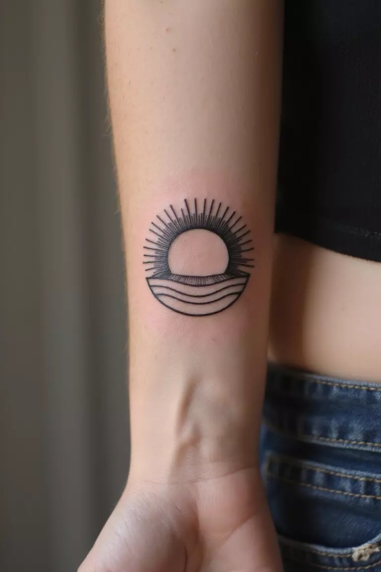 Rising Sun A close-up shot of a woman showing her black ink rising sun tattoo partially visible over a horizon line tattoo design on her arm