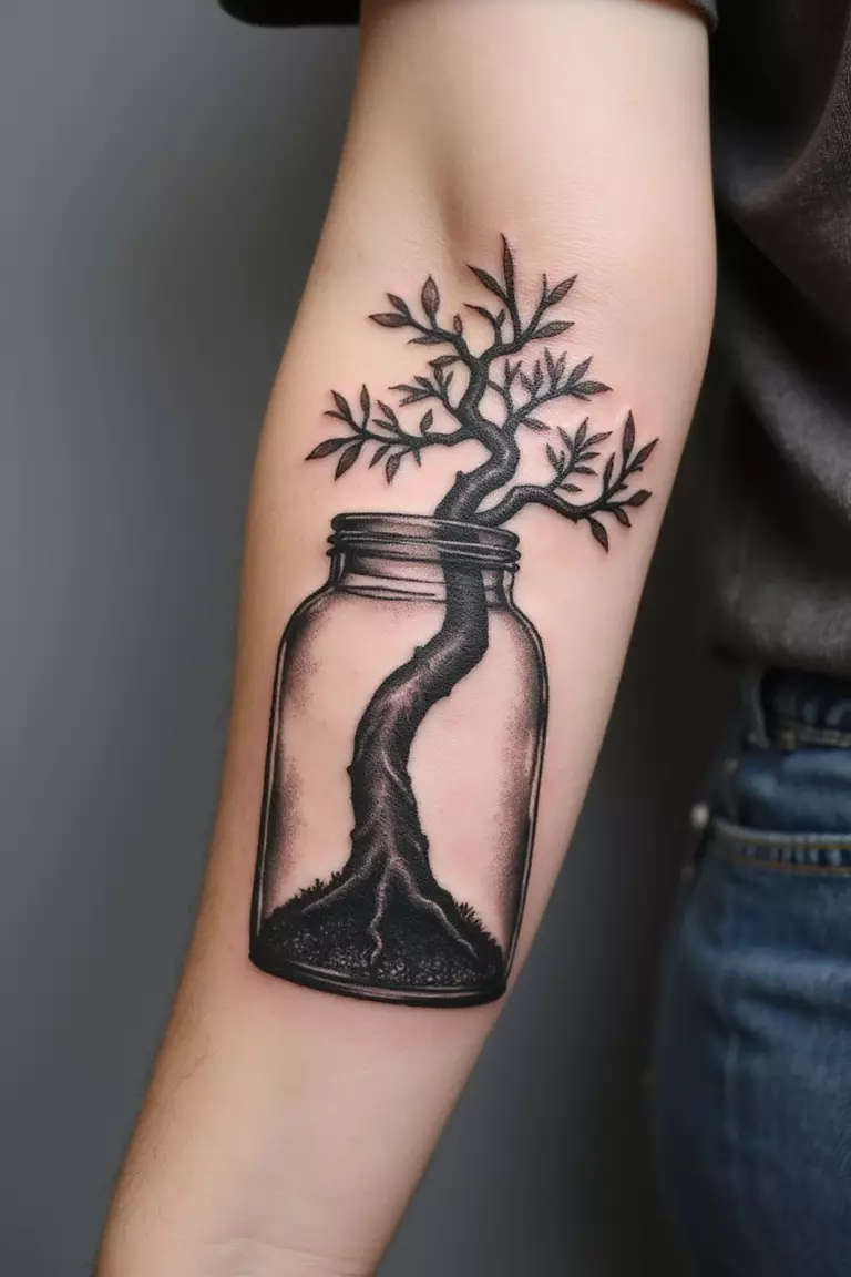Bonsai Inside A Bottle A close-up shot of a woman showing her black ink bonsai tree growing inside a clear glass bottle tattoo design on her arm