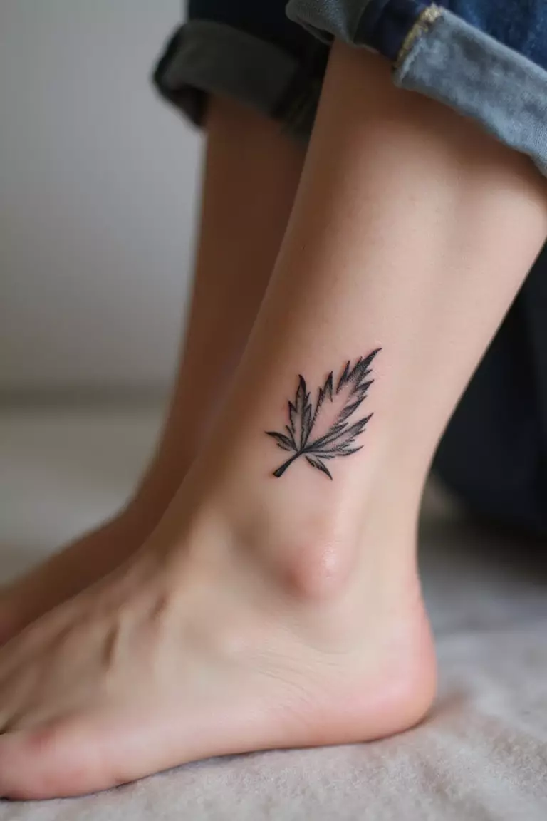 Simple Leaf A close-up shot of a woman showing her black ink tiny single leaf outline tattoo design on her ankle bone