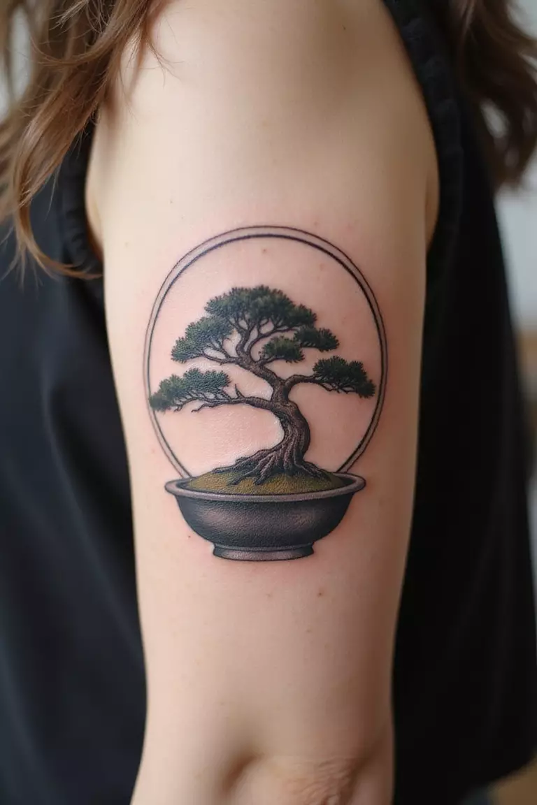Bonsai In A Circle A close-up shot of a woman showing her black ink bonsai tree enclosed within a perfect circle tattoo design on her arm