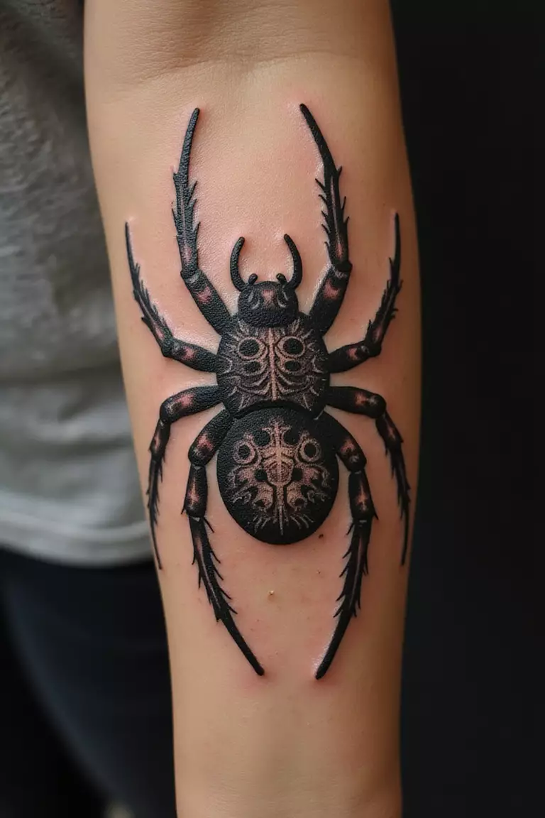 Tribal Tarantula A close-up shot of a woman showing her black ink tribal style tarantula tattoo design with bold patterns on her arm