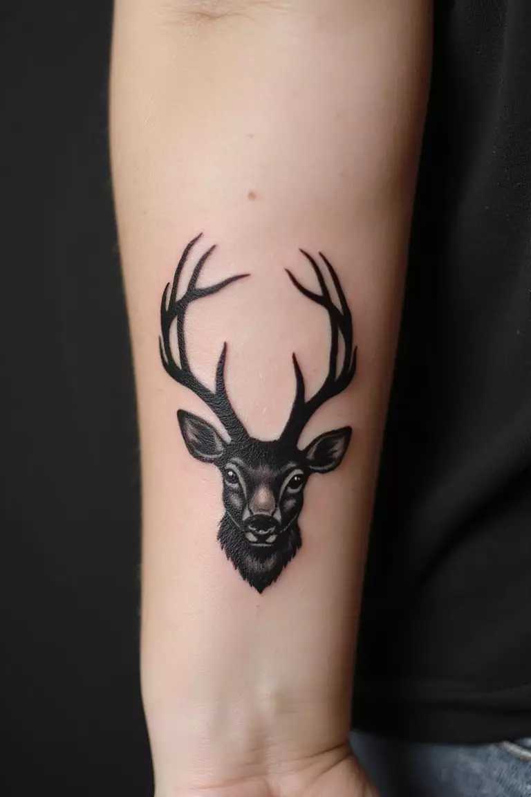 Animal Tracks Deer Bear A close-up shot of a woman showing her black ink distinct deer hoof print tattoo design on her arm