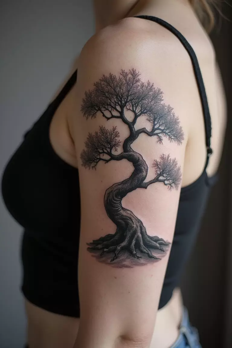 Realistic Black And Grey A close-up shot of a woman showing her black ink realistic black and grey shaded bonsai tree tattoo design on her arm