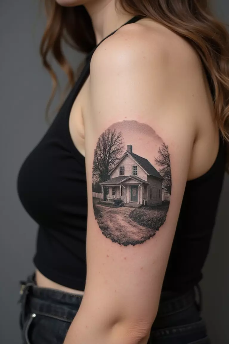 Farmhouse A close-up shot of a woman showing her black ink rustic farmhouse tattoo on her arm.