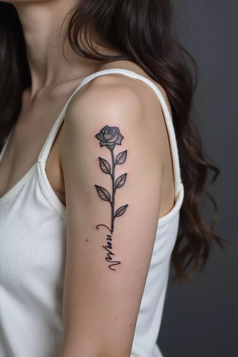 Rose With Script A close-up shot of a woman showing her black ink simple rose tattoo with a single word in script along the stem on her arm.