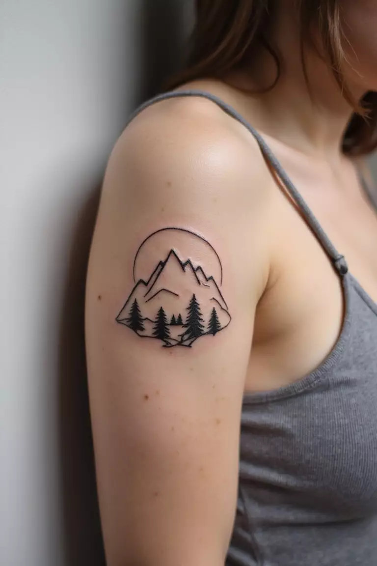Mountains A close-up shot of a woman showing her black ink simple mountain range outline tattoo design on her arm