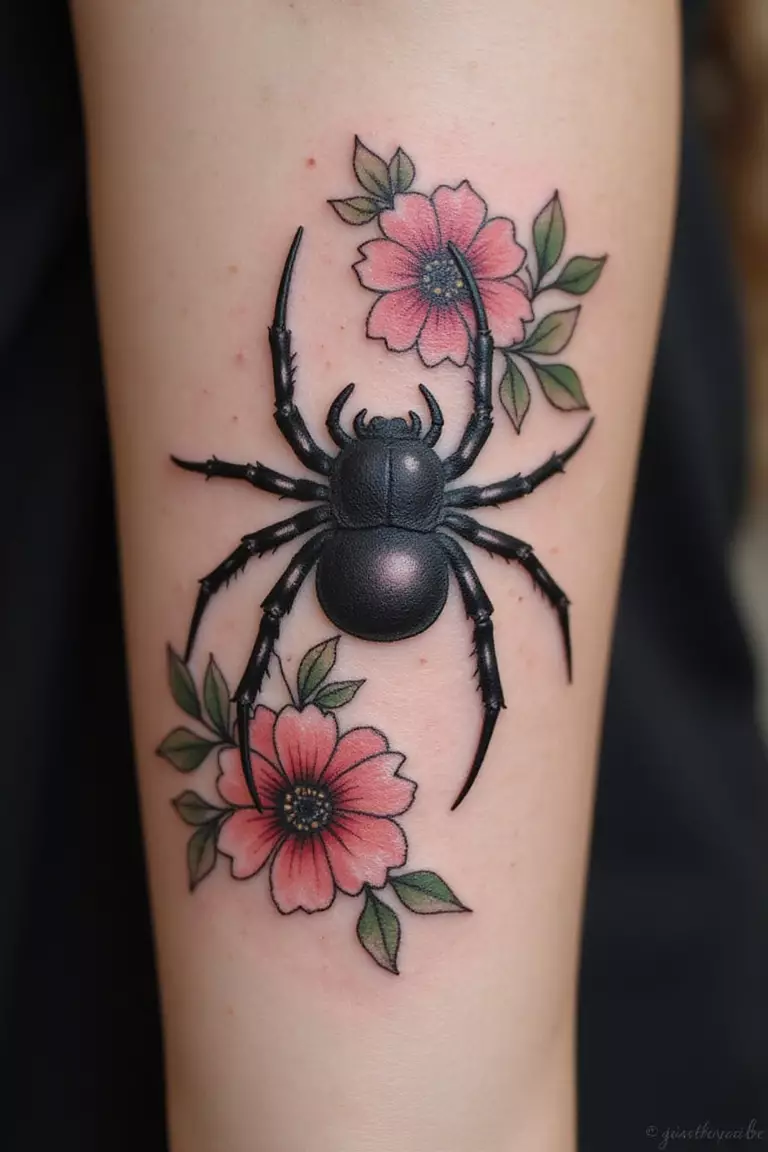 Tarantula with Flowers A close-up shot of a woman showing her black ink tarantula tattoo design surrounded by delicate flowers on her arm