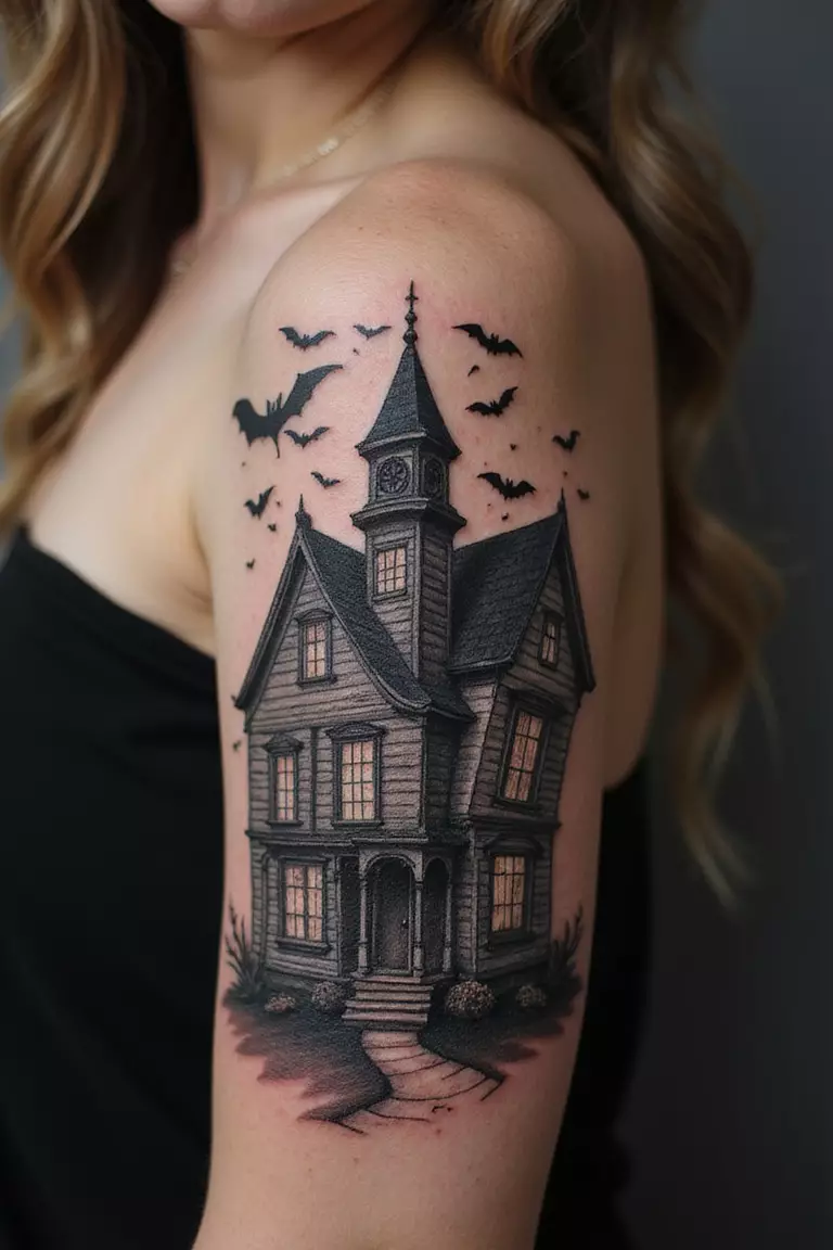 Haunted House A close-up shot of a woman showing her black ink spooky haunted house tattoo on her arm.