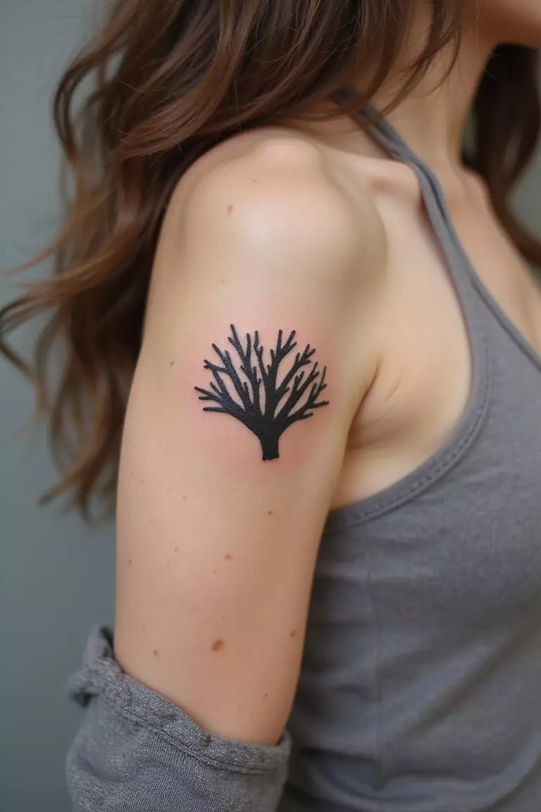 Minimalist Coral Silhouette A close-up shot of a woman showing her black ink minimalist coral silhouette tattoo design on her arm