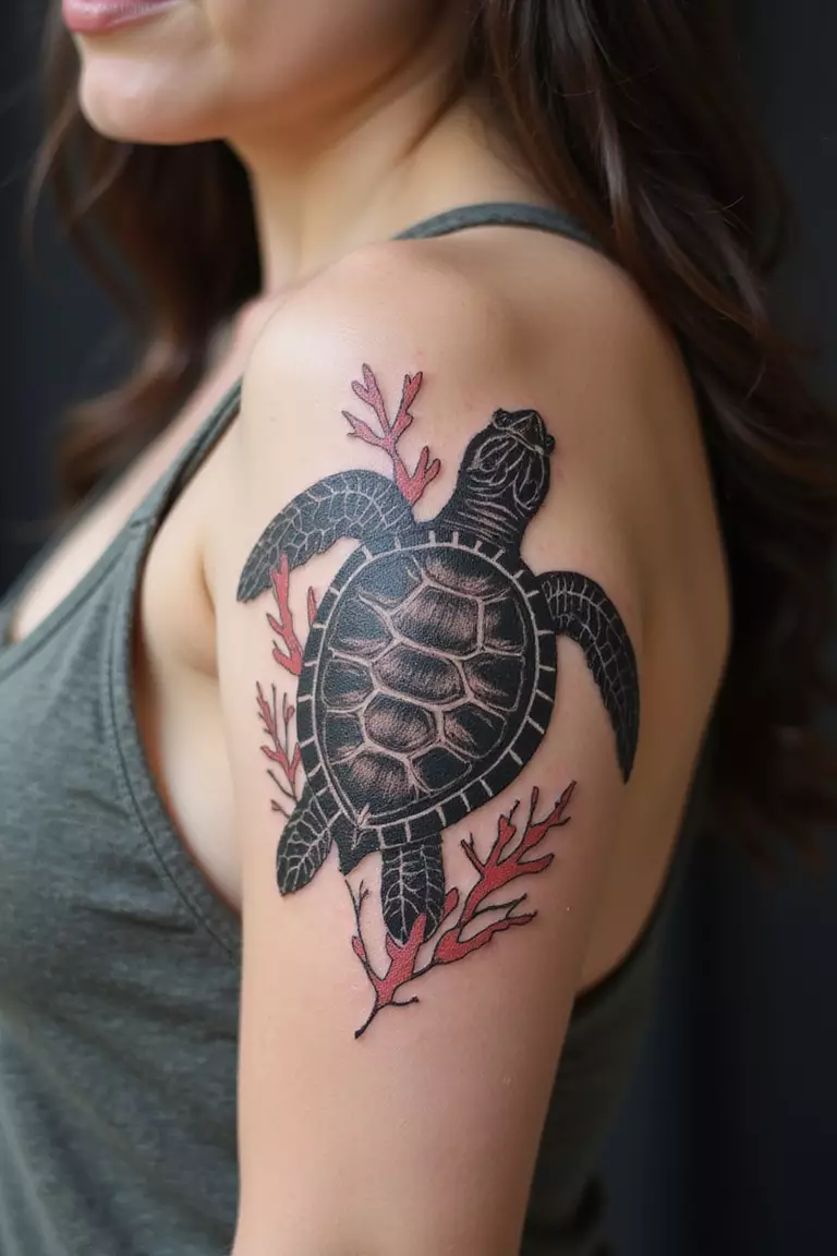 Coral And Sea Turtle A close-up shot of a woman showing her black ink coral and sea turtle tattoo design on her arm