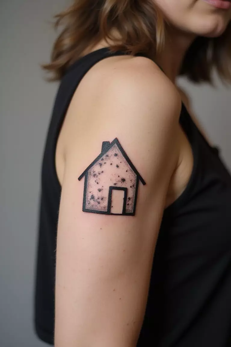 Abstract House Shape A close-up shot of a woman showing her black ink abstract house shape tattoo on her arm.