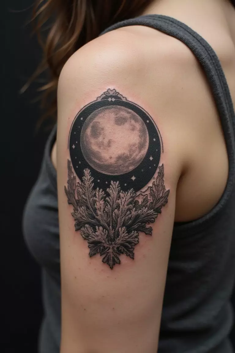 Moon And Coral Scene A close-up shot of a woman showing her black ink moon and coral scene tattoo design on her arm