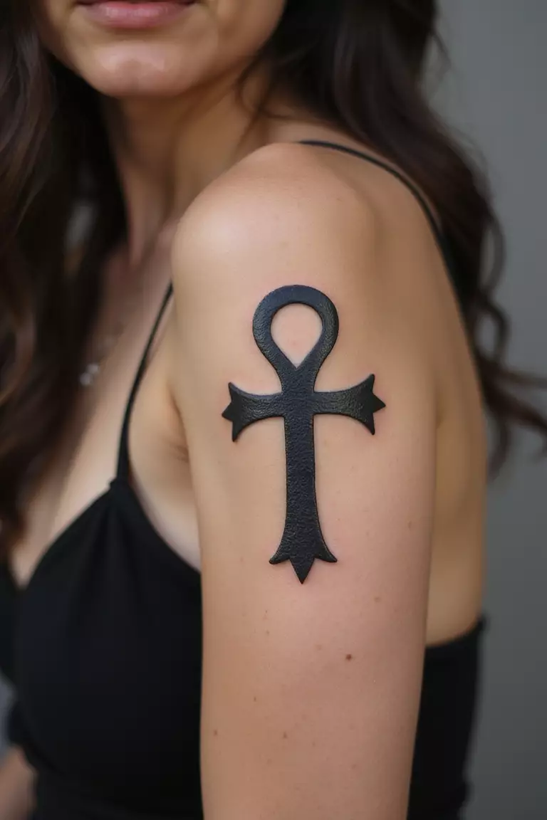 Ankh Tattoo A close-up shot of a woman showing her black ink ankh tattoo design on her arm