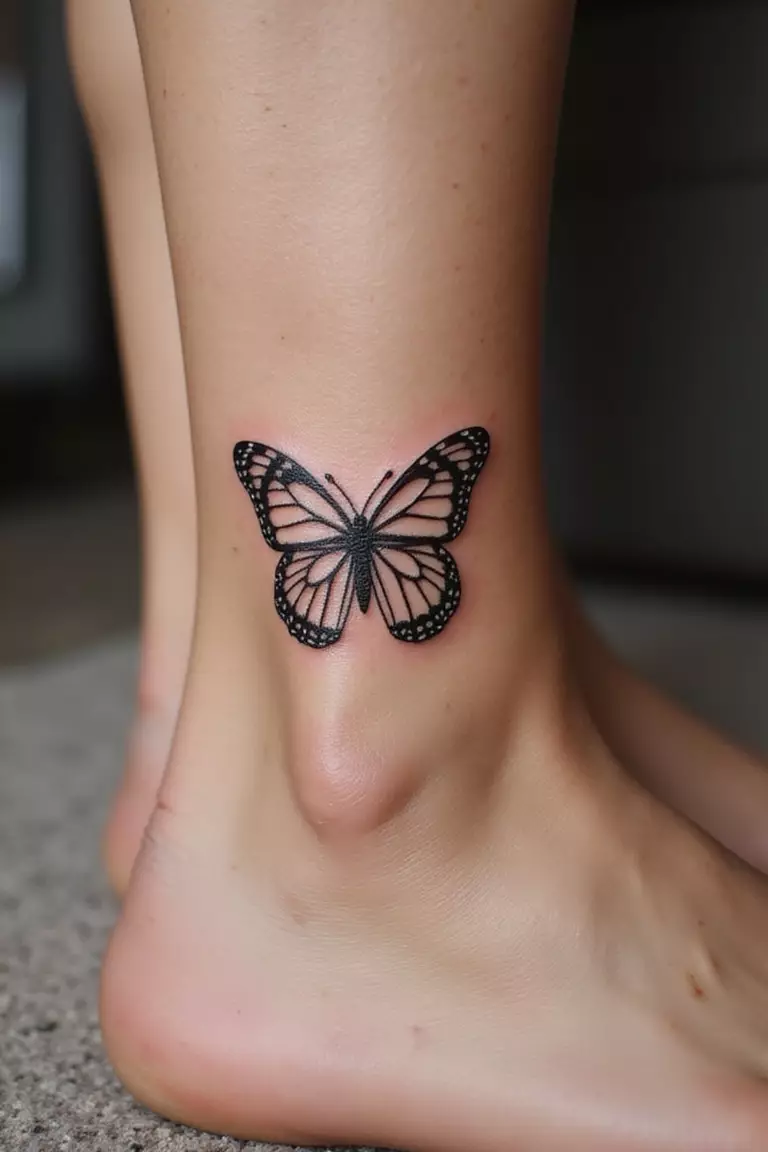 Little Butterfly A close-up shot of a woman showing her black ink small butterfly outline tattoo design on her ankle