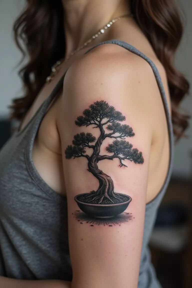 Bonsai Growing From Skin A close-up shot of a woman showing her black ink bonsai tree appearing to grow out from her skin tattoo design on her arm