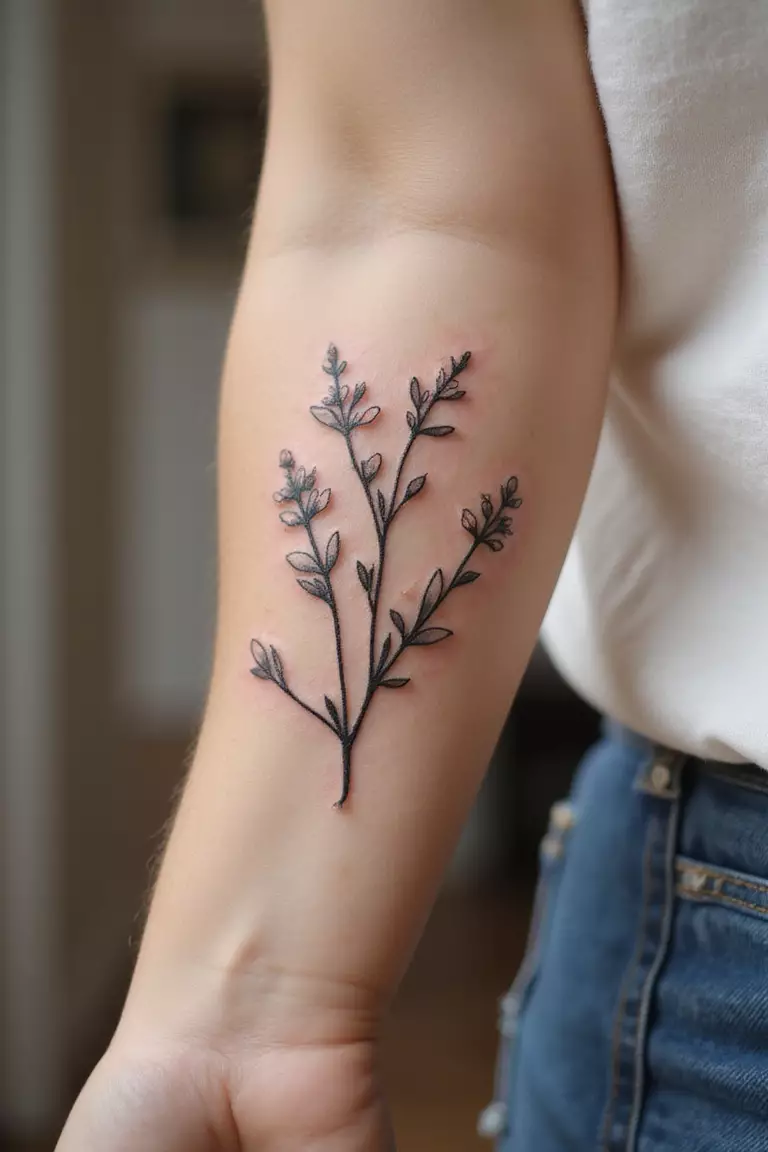 Wildflowers A close-up shot of a woman showing her black ink delicate stem with small wildflowers tattoo design on her arm