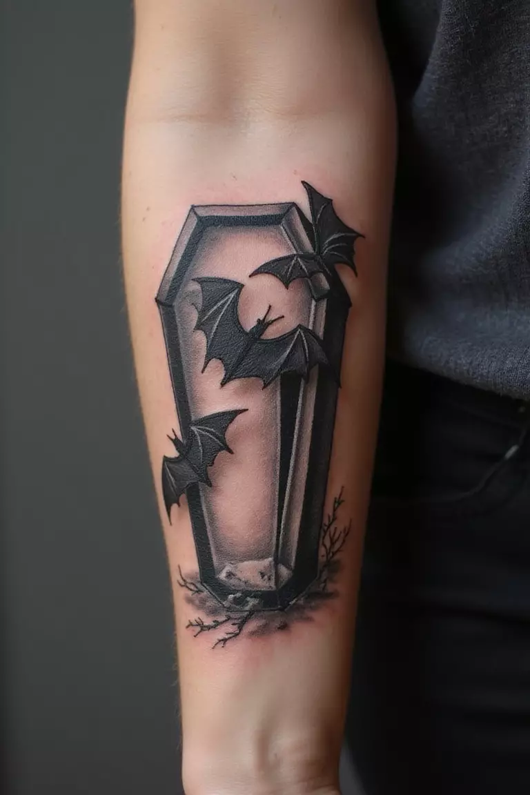 Coffin Tattoo A close-up shot of a woman showing her black ink coffin with bats peeking out tattoo design on her arm