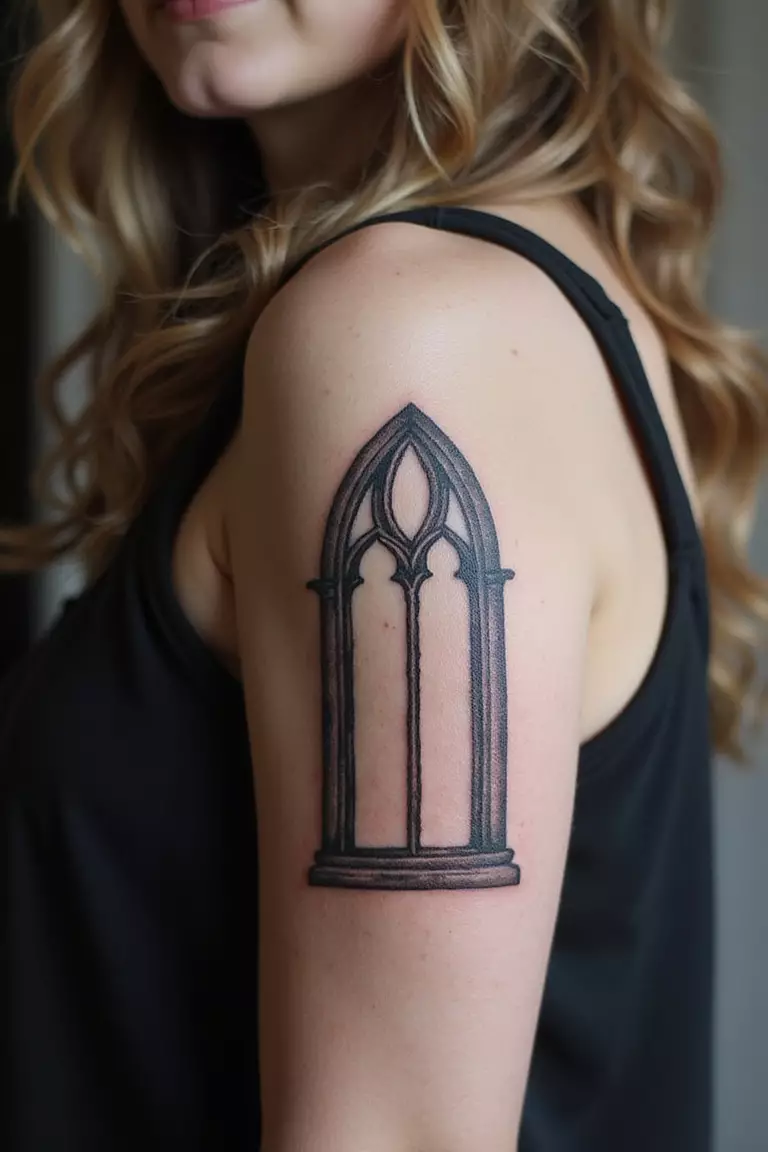 Gothic Arch Window A close-up shot of a woman showing her black ink gothic arch window tattoo design on her arm, with pointed arches and perhaps some tracery details.
