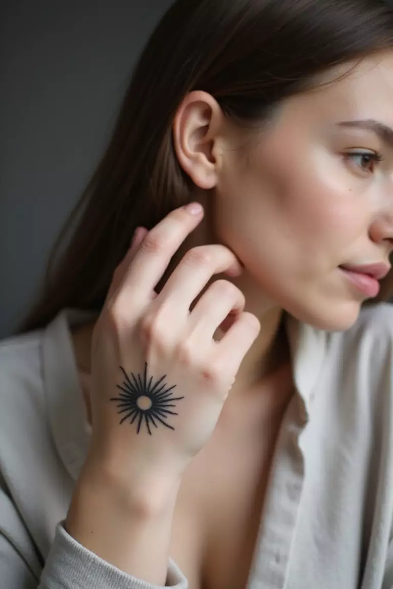A close-up shot of a woman showing her black ink tiny sun tattoo design on her finger