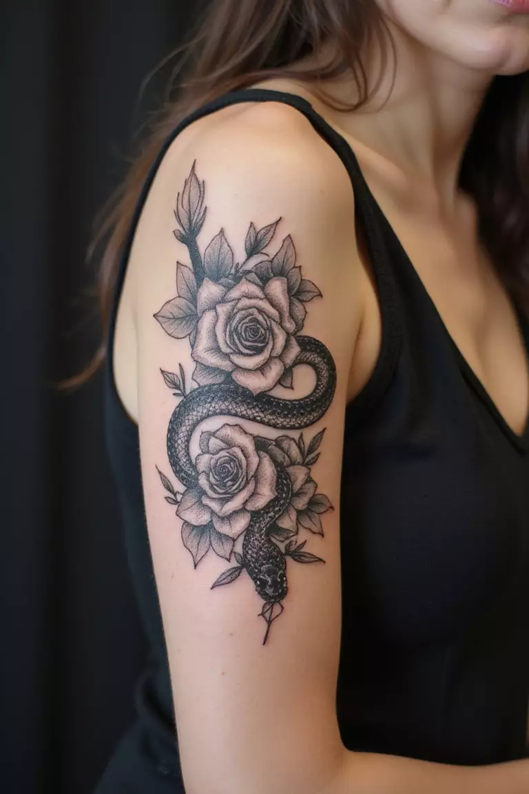 Floral Snake A close-up shot of a woman showing her black ink snake tattoo design intertwined with detailed black ink flowers like roses or peonies on her arm.