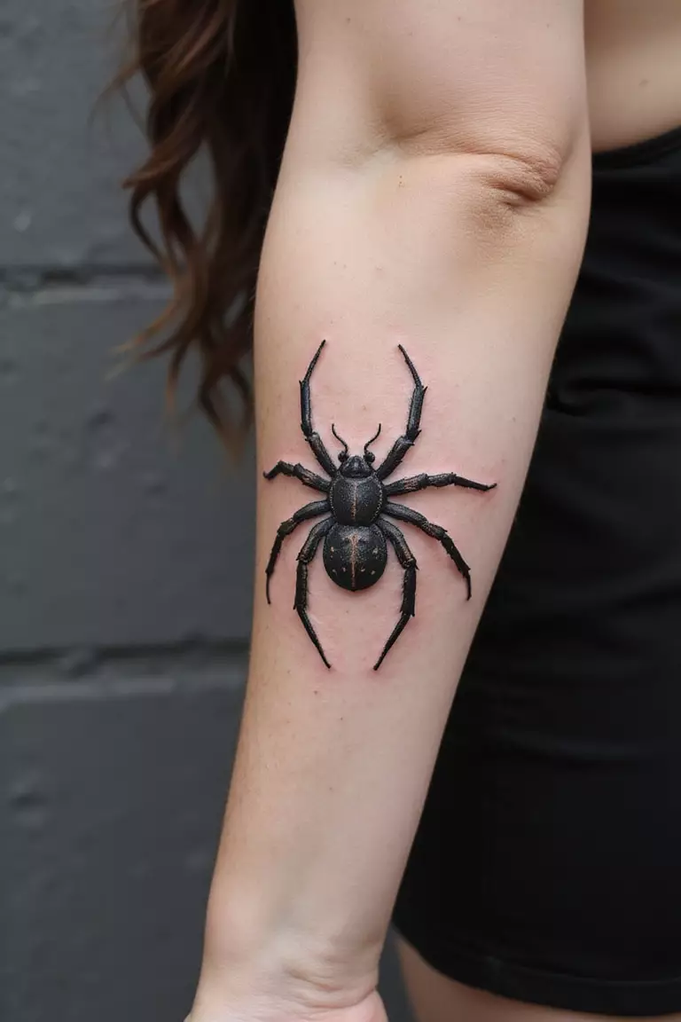 Geometric Tarantula A close-up shot of a woman showing her black ink geometric tarantula tattoo design with clean lines and shapes on her arm