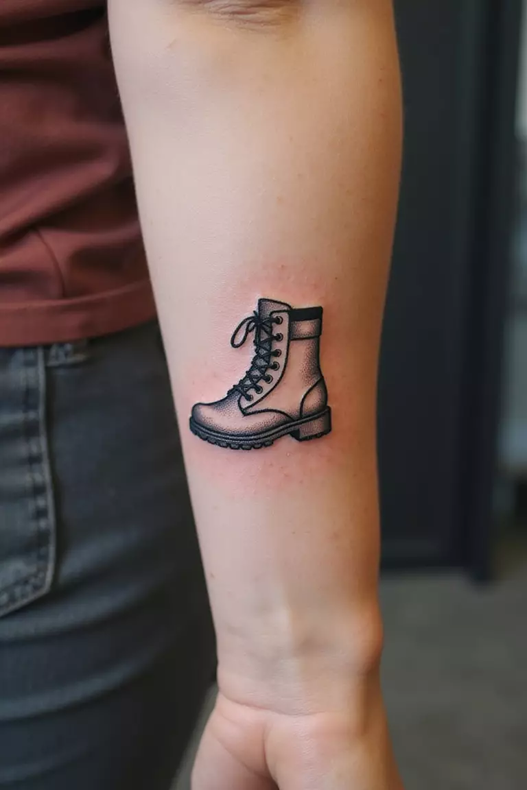 Hiking Boots A close-up shot of a woman showing her black ink classic hiking boot outline tattoo design on her arm