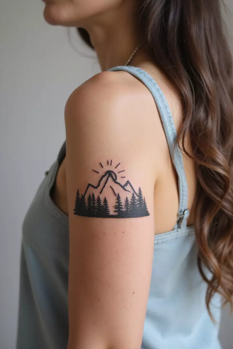 Minimalist Landscape A close-up shot of a woman showing her black ink simple minimalist landscape with line art mountains and sun tattoo design on her arm