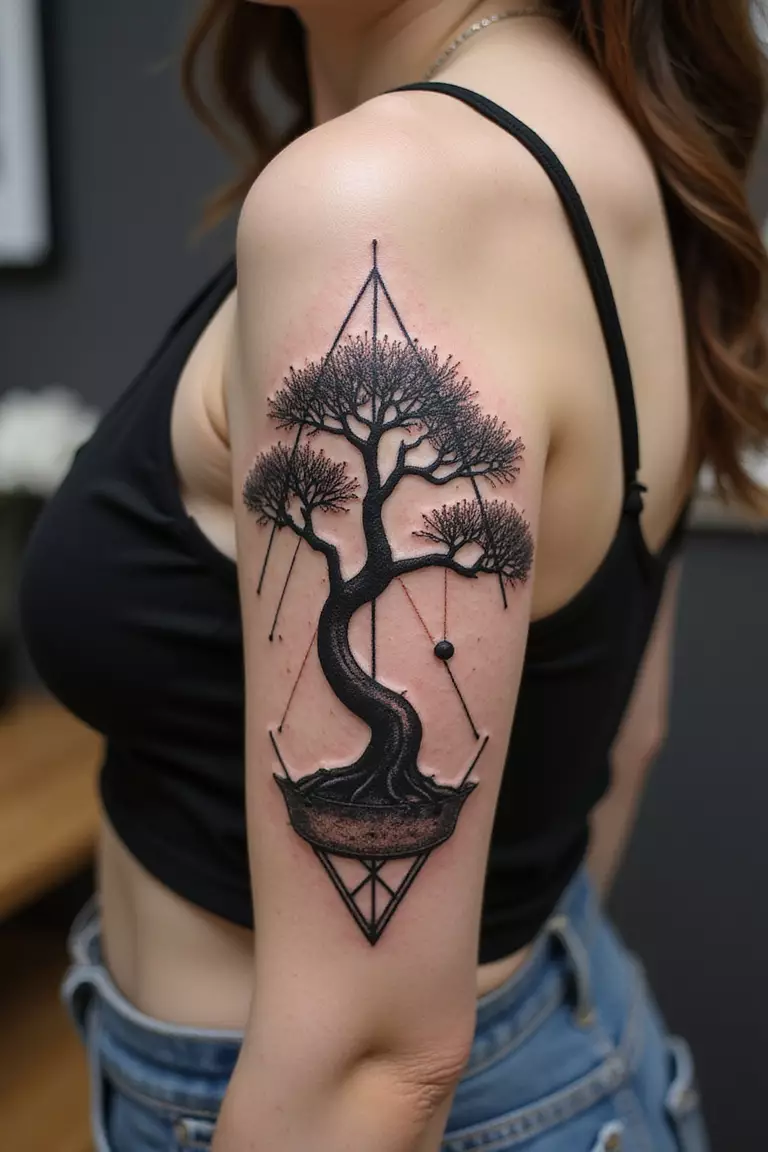 Geometric Bonsai A close-up shot of a woman showing her black ink geometric shapes integrated with a bonsai tree tattoo design on her arm