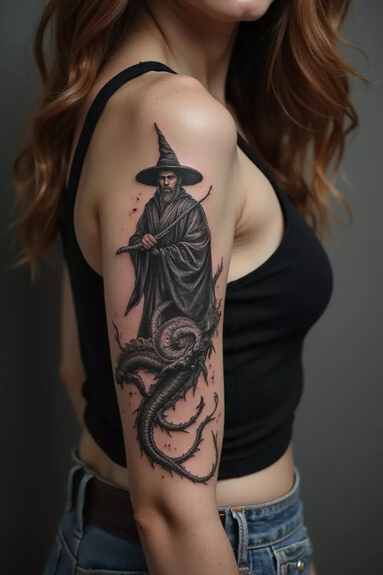 Dragon And Wizard Scene A close-up shot of a woman showing her black ink detailed scene of a wizard facing a large dragon tattoo design on her arm