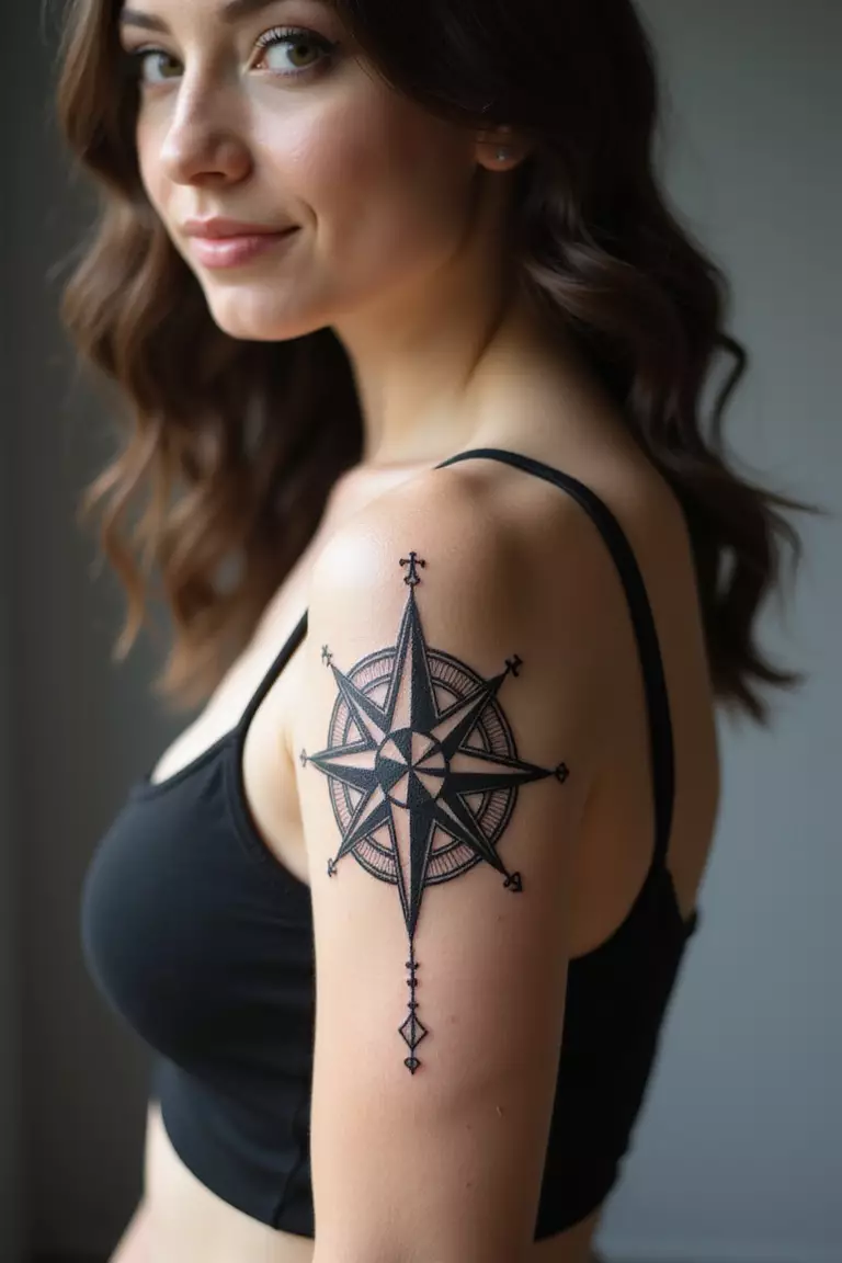 Compass Rose A close-up shot of a woman showing her black ink compass rose tattoo design on her arm