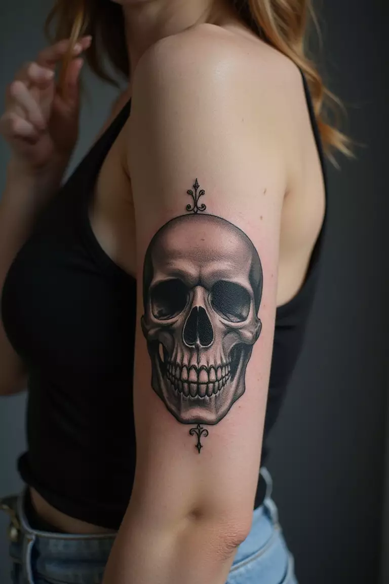 Skull Tattoo A close-up shot of a woman showing her black ink skull tattoo design on her arm