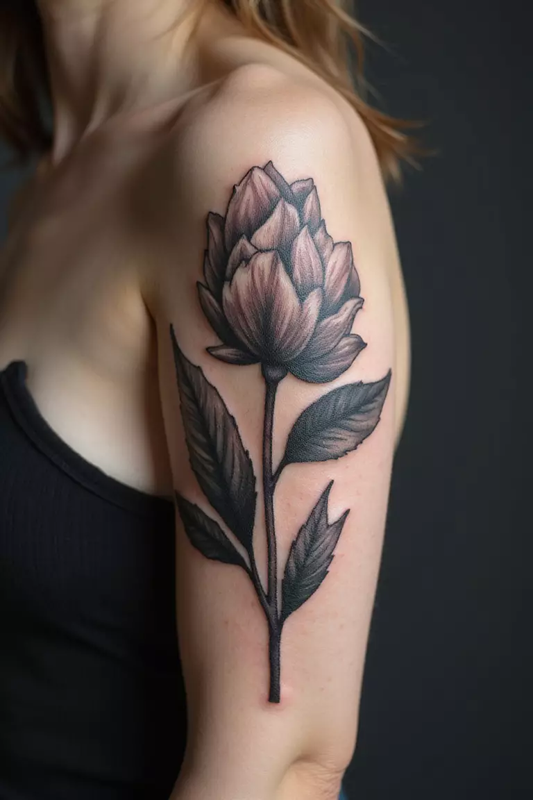 Negative Space Art A close-up shot of a woman showing her black ink negative space art tattoo design where a flower shape is formed by the un-inked skin within a black background on her arm