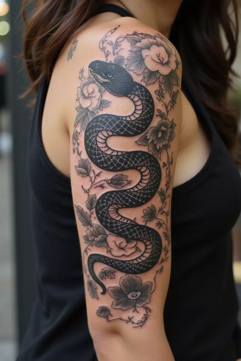 Japanese Style Snake (Irezumi) A close-up shot of a woman showing her black ink Japanese-style-Irezumi-snake-with-waves-and-flowers tattoo design on her arm