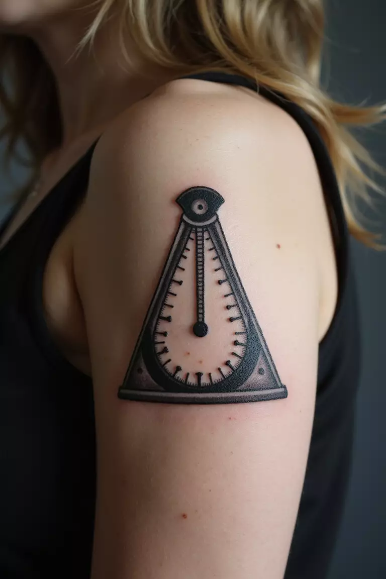 Metronome A close-up shot of a woman showing her black ink classic metronome tattoo on her arm.