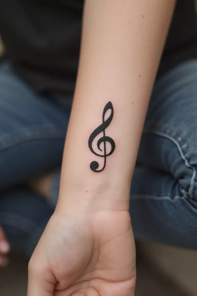 Music Note A close-up shot of a woman showing her black ink small eighth note tattoo design on her inner wrist