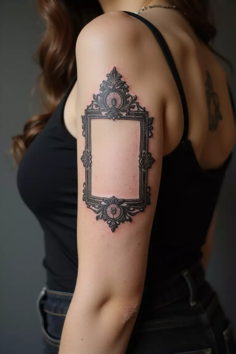Ornate Frame A close-up shot of a woman showing her black ink ornate frame tattoo on her arm.