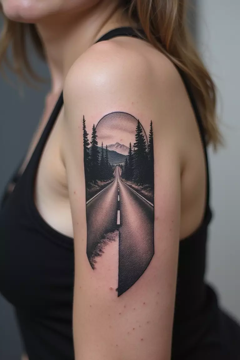 Road Leading To Horizon A close-up shot of a woman showing her black ink road leading to horizon tattoo design on her arm