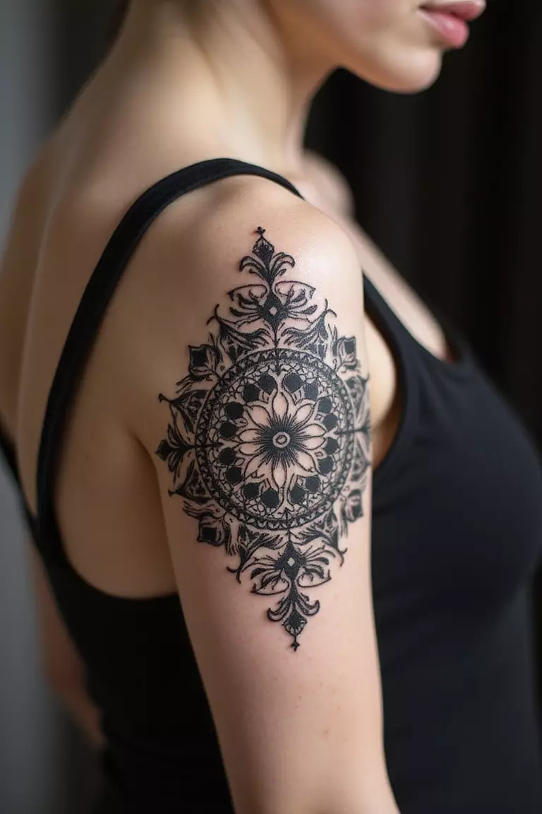 Mandala Design A close-up shot of a woman showing her black ink mandala design tattoo with intricate symmetrical patterns on her arm