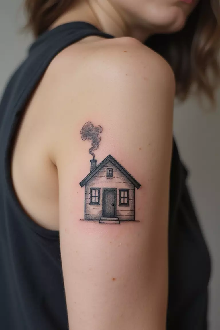 House With Smoke From Chimney A close-up shot of a woman showing her black ink simple house with smoke coming from chimney tattoo on her arm.