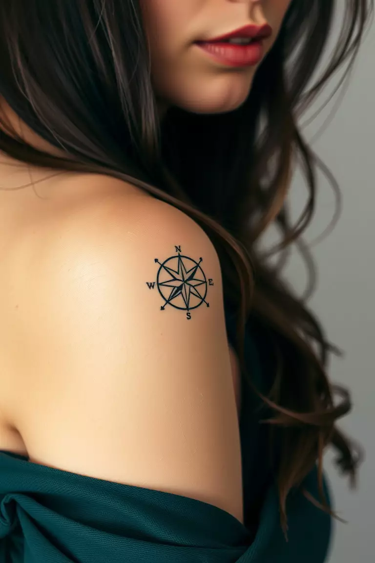 Compass A close-up shot of a woman showing her black ink minimalist compass rose tattoo design on her arm