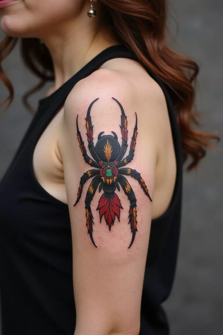 Neo Traditional Tarantula A close-up shot of a woman showing her black ink neo-traditional tarantula tattoo design with bold lines and bright colors on her arm