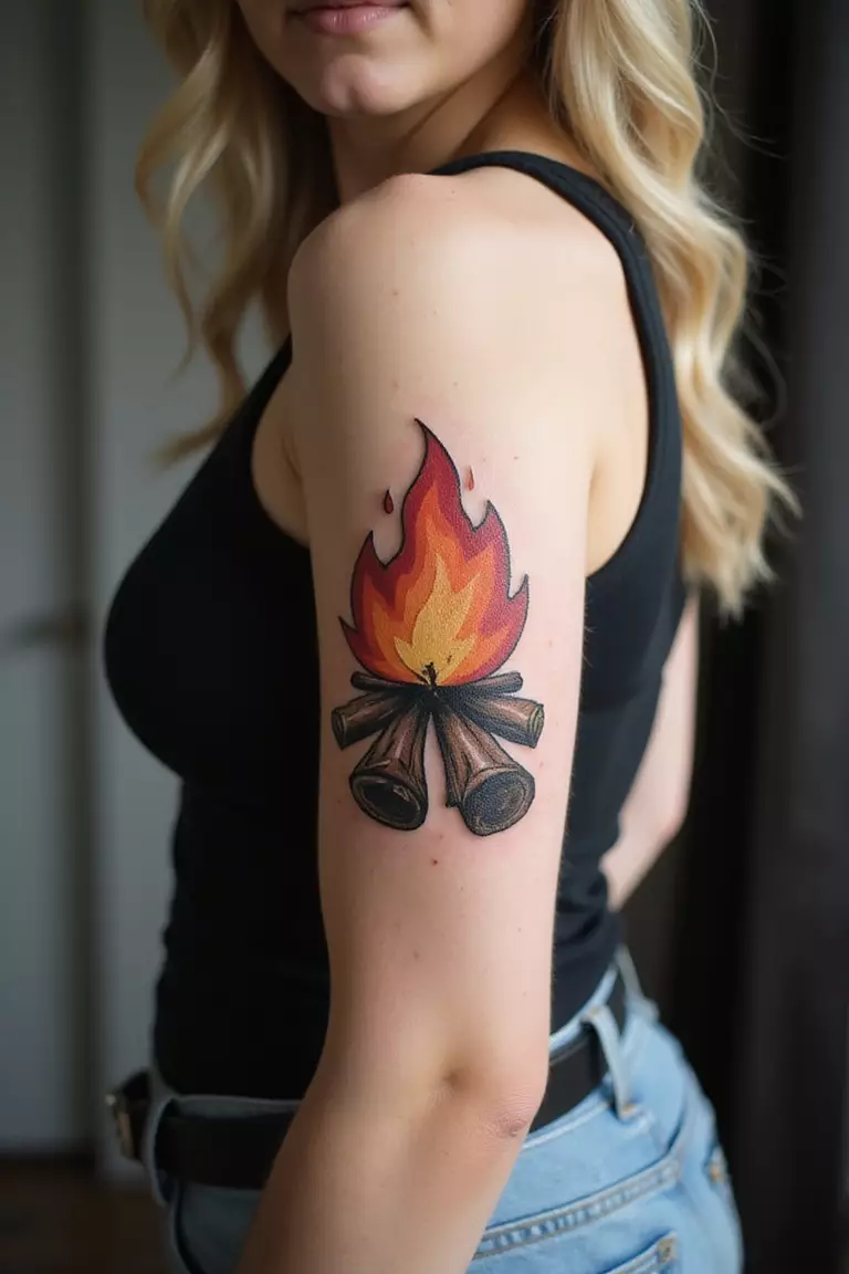 Campfire A close-up shot of a woman showing her black ink stylized campfire with logs tattoo design on her arm
