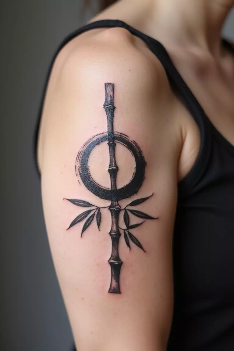 Bamboo Circle Enso A close-up shot of a woman showing her black ink bamboo stalk forming a Zen Enso circle tattoo design on her arm