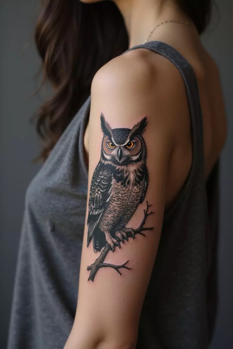 Mystic Owl Companion A close-up shot of a woman showing her black ink wise owl perched on a branch with glowing eyes tattoo design on her arm
