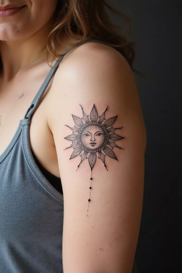 A close-up shot of a woman showing her black ink dotwork sun tattoo design on her arm