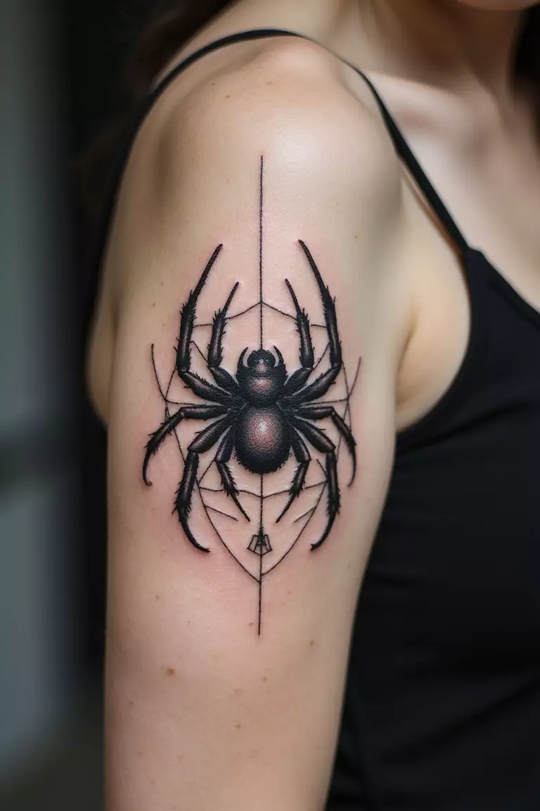Abstract Tarantula A close-up shot of a woman showing her black ink abstract tarantula tattoo design using shapes and lines creatively on her arm